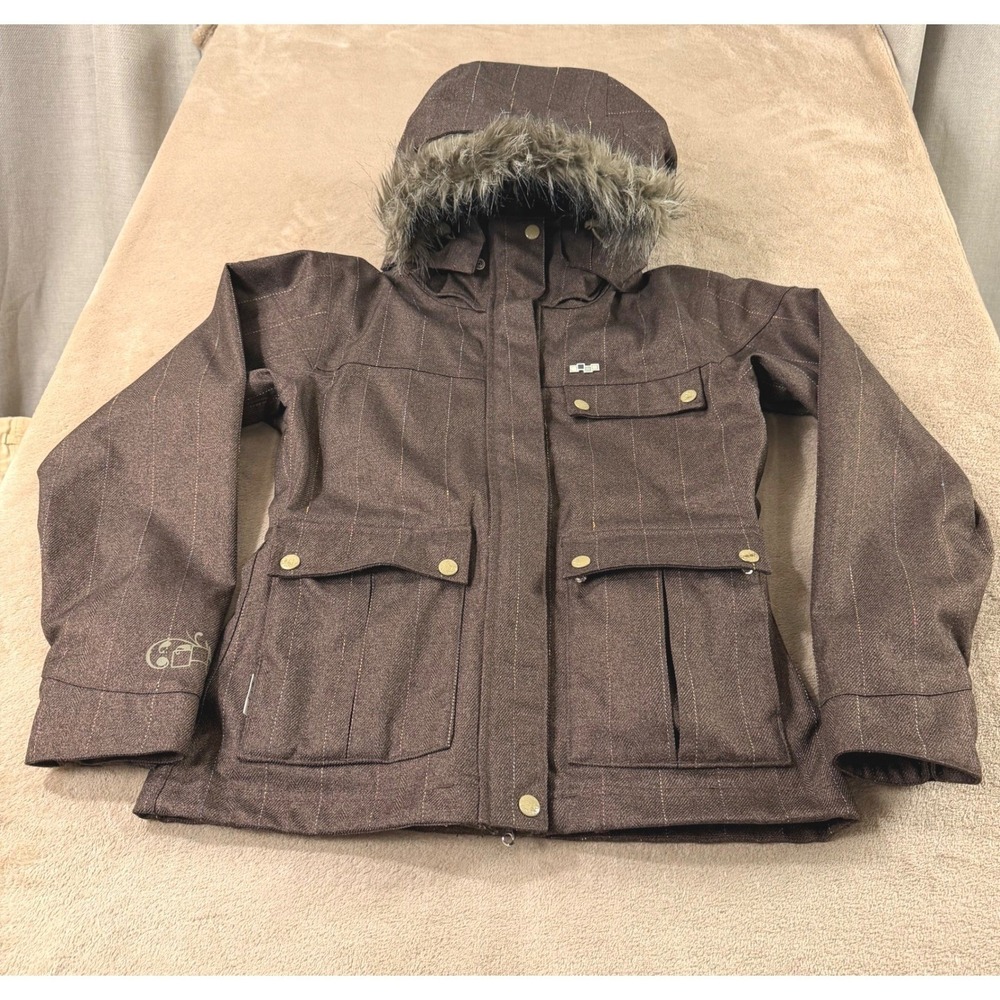 Foursquare 15k Snowboard Jacket Womens XS Brown Pinstripe 15K Faux Hooded EUC